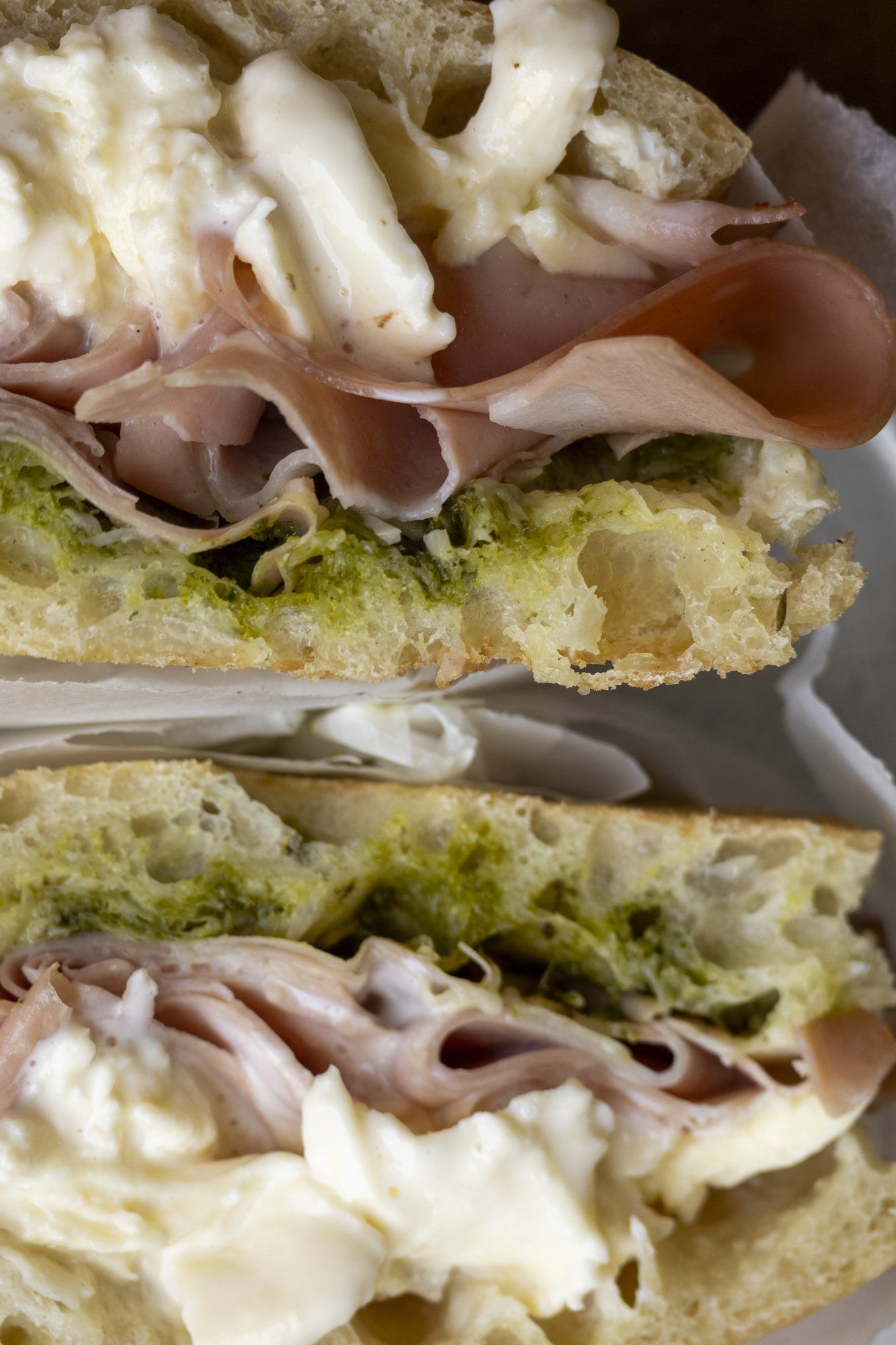 Cross-section of two focaccia sandwiches